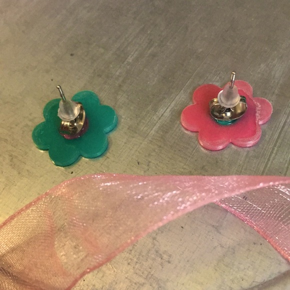 Pink and teal flower earrings - Picture 4 of 6